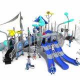 Sports Theme Commercial Outdoor Playground Kids Combination Slide Play Structure Alt="Sports Theme Commercial Outdoor Playground Equipment, Kids Multi Lane Combination Slide with Climbing Net, Tunnel and Interactive Game Panels for Park Kindergarten Community"