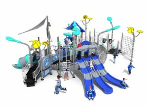 Alt="Sports Theme Commercial Outdoor Playground Equipment, Kids Multi Lane Combination Slide with Climbing Net, Tunnel and Interactive Game Panels for Park Kindergarten Community"